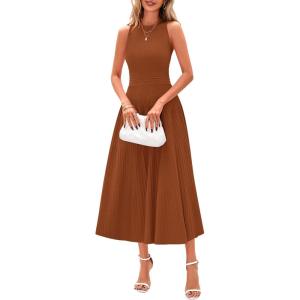imagePRETTYGARDEN Spring Casual Dresses for Women 2025 Summer Business Work Midi Sleeveless A Line Pleated Cocktail DressCaramel