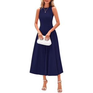 imagePRETTYGARDEN Spring Casual Dresses for Women 2025 Summer Business Work Midi Sleeveless A Line Pleated Cocktail DressNavy