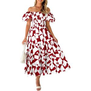 imagePRETTYGARDEN Womens 2025 Summer Boho Midi Dress Off Shoulder Puff Sleeve Print Smocked Ruffle Beach Long Flowy DressesWine Red