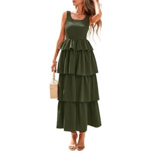 imagePRETTYGARDEN Womens 2025 Summer Sleeveless Midi Dress Scoop Neck A Line Smocked Ruffle Tiered Layered Beach Vacation DressesArmy Green