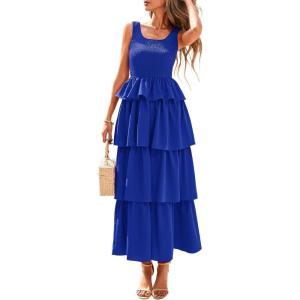 imagePRETTYGARDEN Womens 2025 Summer Sleeveless Midi Dress Scoop Neck A Line Smocked Ruffle Tiered Layered Beach Vacation DressesRoyal Blue
