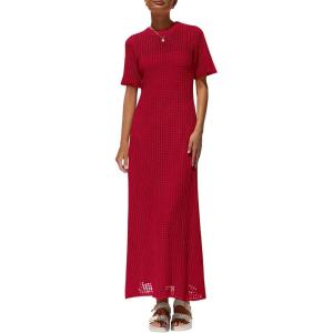 imagePRETTYGARDEN Womens Eyelet Cover Up Dress 2025 Summer Vacation Resort Maxi Dresses Beach Short Sleeve Hollow Out SundressRed