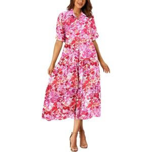 imagePRETTYGARDEN Womens Summer Beach Maxi Dress Short Sleeve Buttons Tiered Ruffle A Line Swing DressesFloral Pink Red