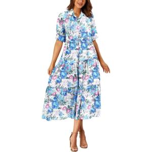 imagePRETTYGARDEN Womens Summer Beach Maxi Dress Short Sleeve Buttons Tiered Ruffle A Line Swing DressesFloral White Blue