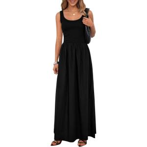 imagePRETTYGARDEN Womens Summer Casual Scoop Neck Sleeveless Long Dresses Tank Top Patchwork Aline Swing Maxi Dress with PocketsBlack