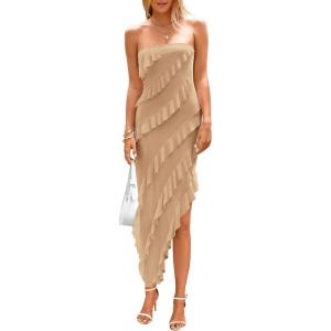 imagePRETTYGARDEN Womens Summer Maxi Dresses 2025 Strapless Tube Ruffle Asymmetrical Bodycon Party Cocktail Formal Long DressApricot