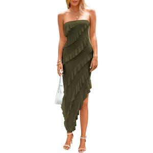 imagePRETTYGARDEN Womens Summer Maxi Dresses 2025 Strapless Tube Ruffle Asymmetrical Bodycon Party Cocktail Formal Long DressArmy Green