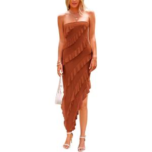 imagePRETTYGARDEN Womens Summer Maxi Dresses 2025 Strapless Tube Ruffle Asymmetrical Bodycon Party Cocktail Formal Long DressCaramel
