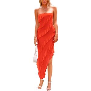 imagePRETTYGARDEN Womens Summer Maxi Dresses 2025 Strapless Tube Ruffle Asymmetrical Bodycon Party Cocktail Formal Long DressOrange