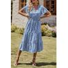imagePRETTYGARDEN Floral Dress for Women 2025 Summer Casual Short Sleeve Maxi Dresses V Neck Tiered Flowy Boho Beach SundressBlue White Floral