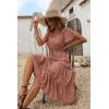 imagePRETTYGARDEN Floral Dress for Women 2025 Summer Casual Short Sleeve Maxi Dresses V Neck Tiered Flowy Boho Beach SundressBrick Red