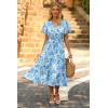 imagePRETTYGARDEN Floral Dress for Women 2025 Summer Casual Short Sleeve Maxi Dresses V Neck Tiered Flowy Boho Beach SundressWhite Blue Floral
