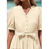 imagePRETTYGARDEN Womens Summer Midi Dress 2025 Casual Short Sleeve V Neck Buttons Belted Ruffle A Line Flowy Dress with PocketsApricot