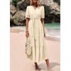 imagePRETTYGARDEN Womens Summer Midi Dress 2025 Casual Short Sleeve V Neck Buttons Belted Ruffle A Line Flowy Dress with PocketsApricot