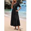 imagePRETTYGARDEN Womens Summer Midi Dress 2025 Casual Short Sleeve V Neck Buttons Belted Ruffle A Line Flowy Dress with PocketsBlack