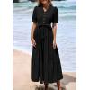 imagePRETTYGARDEN Womens Summer Midi Dress 2025 Casual Short Sleeve V Neck Buttons Belted Ruffle A Line Flowy Dress with PocketsBlack