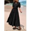 imagePRETTYGARDEN Womens Summer Midi Dress 2025 Casual Short Sleeve V Neck Buttons Belted Ruffle A Line Flowy Dress with PocketsBlack
