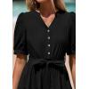 imagePRETTYGARDEN Womens Summer Midi Dress 2025 Casual Short Sleeve V Neck Buttons Belted Ruffle A Line Flowy Dress with PocketsBlack