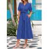 imagePRETTYGARDEN Womens Summer Midi Dress 2025 Casual Short Sleeve V Neck Buttons Belted Ruffle A Line Flowy Dress with PocketsBlue