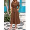 imagePRETTYGARDEN Womens Summer Midi Dress 2025 Casual Short Sleeve V Neck Buttons Belted Ruffle A Line Flowy Dress with PocketsCoffee