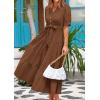 imagePRETTYGARDEN Womens Summer Midi Dress 2025 Casual Short Sleeve V Neck Buttons Belted Ruffle A Line Flowy Dress with PocketsCoffee