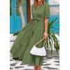imagePRETTYGARDEN Womens Summer Midi Dress 2025 Casual Short Sleeve V Neck Buttons Belted Ruffle A Line Flowy Dress with PocketsCyan