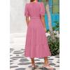 imagePRETTYGARDEN Womens Summer Midi Dress 2025 Casual Short Sleeve V Neck Buttons Belted Ruffle A Line Flowy Dress with PocketsDark Pink