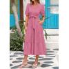 imagePRETTYGARDEN Womens Summer Midi Dress 2025 Casual Short Sleeve V Neck Buttons Belted Ruffle A Line Flowy Dress with PocketsDark Pink