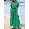 imagePRETTYGARDEN Womens Summer Midi Dress 2025 Casual Short Sleeve V Neck Buttons Belted Ruffle A Line Flowy Dress with PocketsGreen