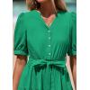imagePRETTYGARDEN Womens Summer Midi Dress 2025 Casual Short Sleeve V Neck Buttons Belted Ruffle A Line Flowy Dress with PocketsGreen