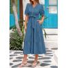 imagePRETTYGARDEN Womens Summer Midi Dress 2025 Casual Short Sleeve V Neck Buttons Belted Ruffle A Line Flowy Dress with PocketsGrey Blue