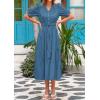 imagePRETTYGARDEN Womens Summer Midi Dress 2025 Casual Short Sleeve V Neck Buttons Belted Ruffle A Line Flowy Dress with PocketsGrey Blue