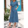imagePRETTYGARDEN Womens Summer Midi Dress 2025 Casual Short Sleeve V Neck Buttons Belted Ruffle A Line Flowy Dress with PocketsGrey Blue