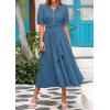 imagePRETTYGARDEN Womens Summer Midi Dress 2025 Casual Short Sleeve V Neck Buttons Belted Ruffle A Line Flowy Dress with PocketsGrey Blue
