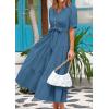 imagePRETTYGARDEN Womens Summer Midi Dress 2025 Casual Short Sleeve V Neck Buttons Belted Ruffle A Line Flowy Dress with PocketsGrey Blue