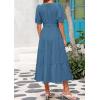 imagePRETTYGARDEN Womens Summer Midi Dress 2025 Casual Short Sleeve V Neck Buttons Belted Ruffle A Line Flowy Dress with PocketsGrey Blue