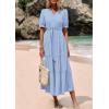 imagePRETTYGARDEN Womens Summer Midi Dress 2025 Casual Short Sleeve V Neck Buttons Belted Ruffle A Line Flowy Dress with PocketsLight Blue