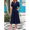 imagePRETTYGARDEN Womens Summer Midi Dress 2025 Casual Short Sleeve V Neck Buttons Belted Ruffle A Line Flowy Dress with PocketsNavy