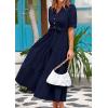 imagePRETTYGARDEN Womens Summer Midi Dress 2025 Casual Short Sleeve V Neck Buttons Belted Ruffle A Line Flowy Dress with PocketsNavy