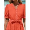 imagePRETTYGARDEN Womens Summer Midi Dress 2025 Casual Short Sleeve V Neck Buttons Belted Ruffle A Line Flowy Dress with PocketsOrange