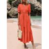 imagePRETTYGARDEN Womens Summer Midi Dress 2025 Casual Short Sleeve V Neck Buttons Belted Ruffle A Line Flowy Dress with PocketsOrange