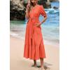 imagePRETTYGARDEN Womens Summer Midi Dress 2025 Casual Short Sleeve V Neck Buttons Belted Ruffle A Line Flowy Dress with PocketsOrange