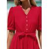 imagePRETTYGARDEN Womens Summer Midi Dress 2025 Casual Short Sleeve V Neck Buttons Belted Ruffle A Line Flowy Dress with PocketsRed