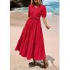 imagePRETTYGARDEN Womens Summer Midi Dress 2025 Casual Short Sleeve V Neck Buttons Belted Ruffle A Line Flowy Dress with PocketsRed
