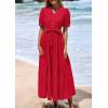 imagePRETTYGARDEN Womens Summer Midi Dress 2025 Casual Short Sleeve V Neck Buttons Belted Ruffle A Line Flowy Dress with PocketsRed