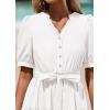 imagePRETTYGARDEN Womens Summer Midi Dress 2025 Casual Short Sleeve V Neck Buttons Belted Ruffle A Line Flowy Dress with PocketsWhite