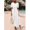 imagePRETTYGARDEN Womens Summer Midi Dress 2025 Casual Short Sleeve V Neck Buttons Belted Ruffle A Line Flowy Dress with PocketsWhite
