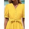 imagePRETTYGARDEN Womens Summer Midi Dress 2025 Casual Short Sleeve V Neck Buttons Belted Ruffle A Line Flowy Dress with PocketsYellow