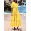 imagePRETTYGARDEN Womens Summer Midi Dress 2025 Casual Short Sleeve V Neck Buttons Belted Ruffle A Line Flowy Dress with PocketsYellow