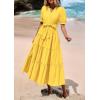 imagePRETTYGARDEN Womens Summer Midi Dress 2025 Casual Short Sleeve V Neck Buttons Belted Ruffle A Line Flowy Dress with PocketsYellow